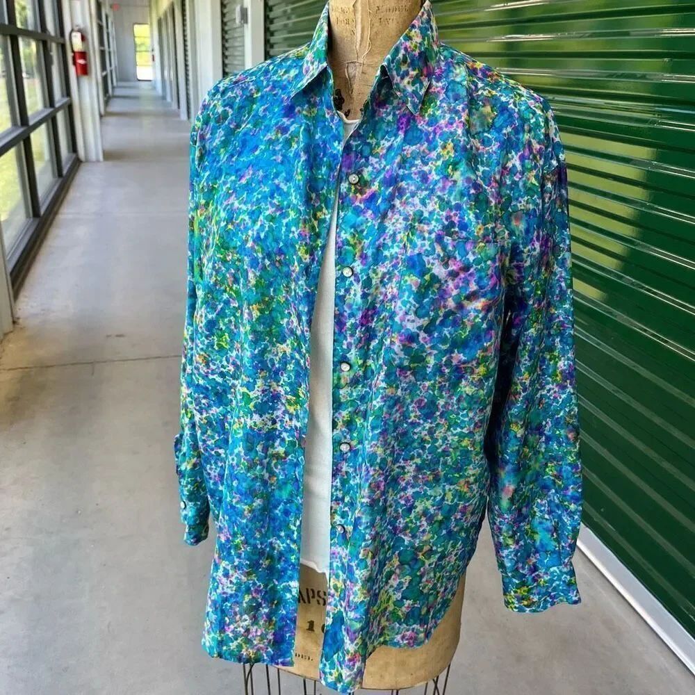 Vintage 1980s 1990s 100% Silk Sheer Splatter Dyed Oversized Blouse - M